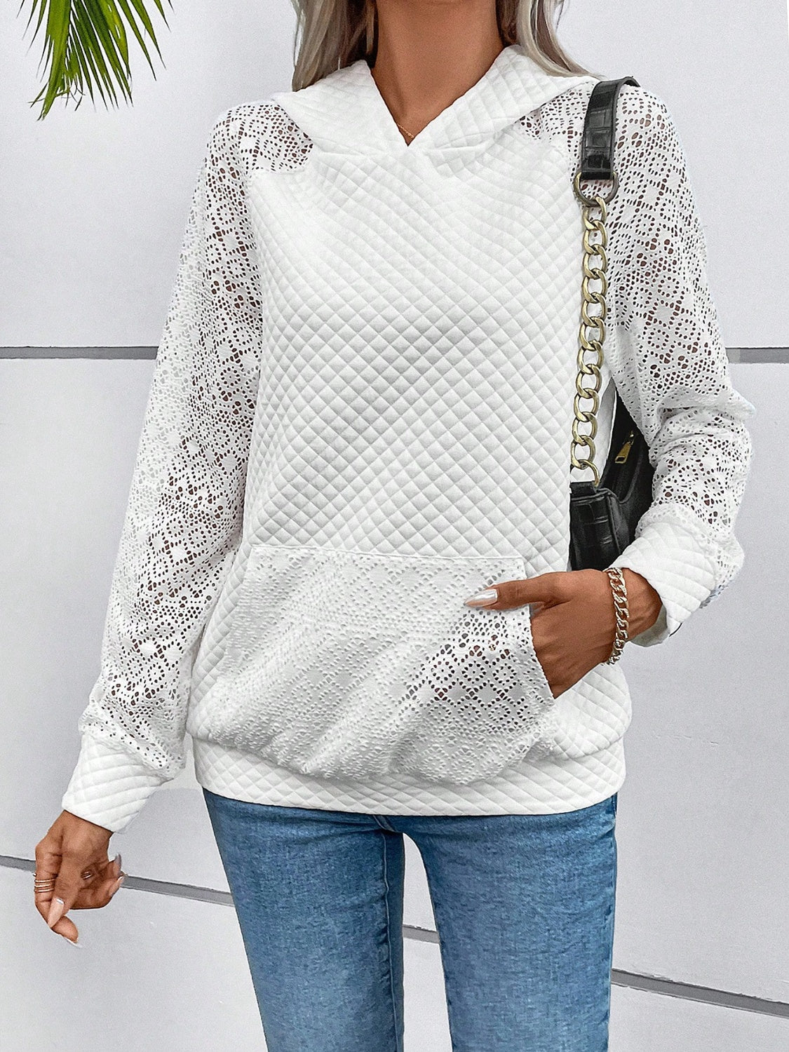 Lace Openwork Kangaroo Pocket Hoodie