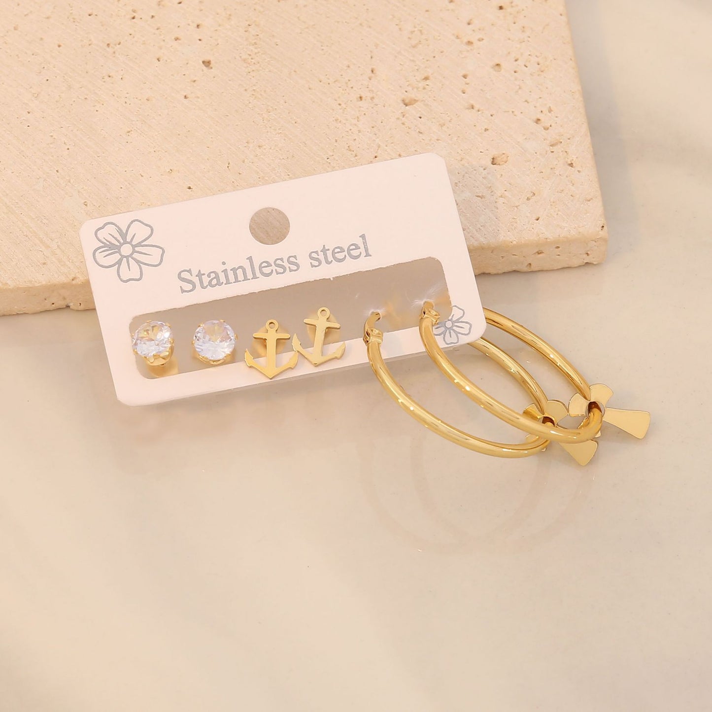 3 Piece Gold-Plated Stainless Steel Earrings