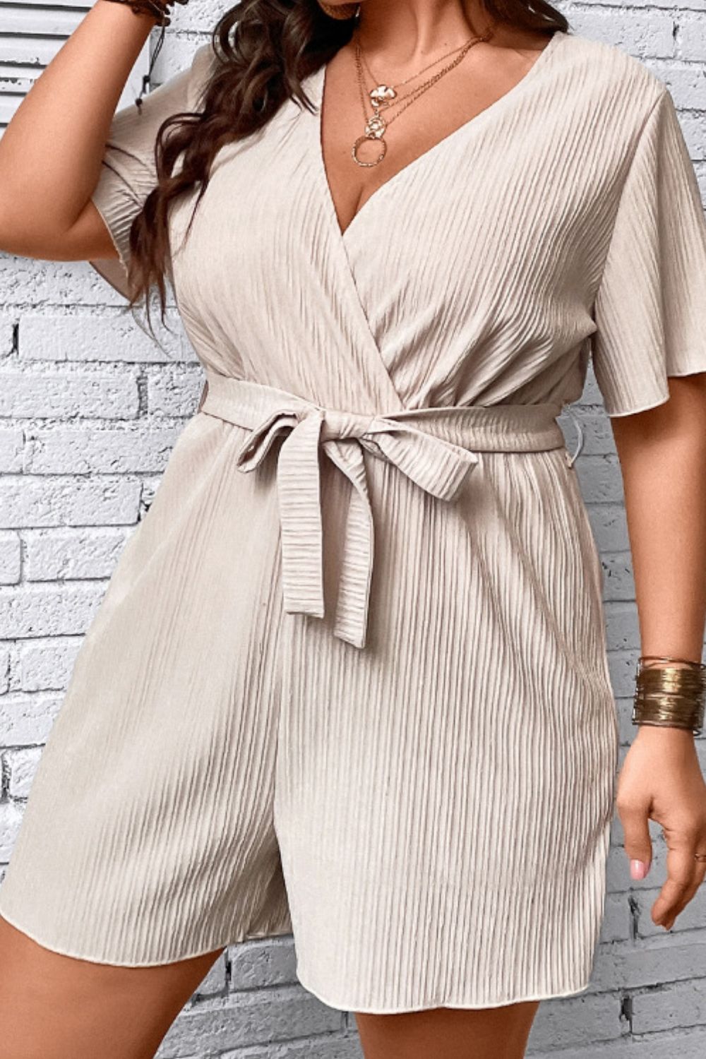 Plus Size Tie Waist Surplice Neck Romper