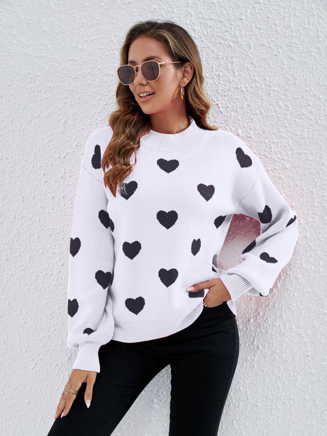 Heart Round Neck Dropped Shoulder Sweater