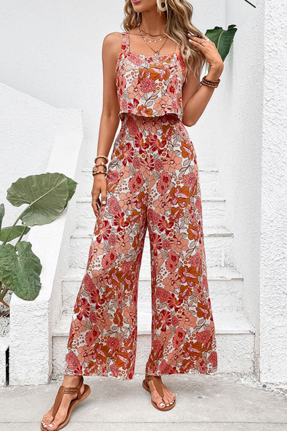 Floral Square Neck Sleeveless Jumpsuit