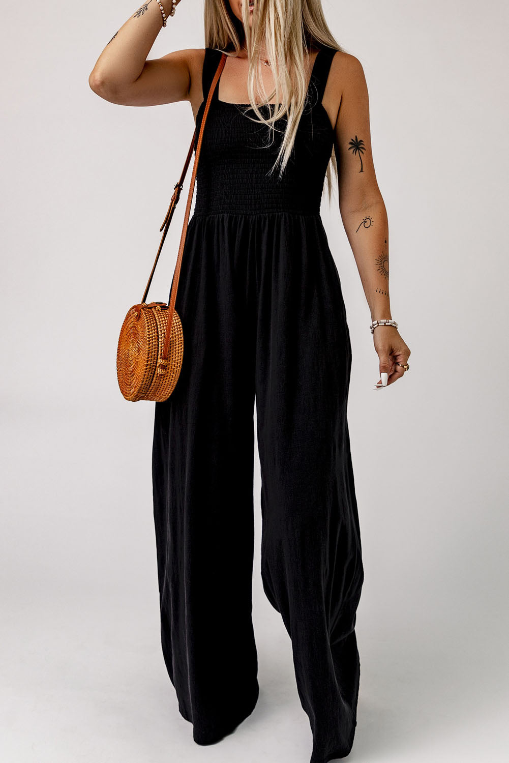 Smocked Square Neck Wide Leg Jumpsuit with Pockets