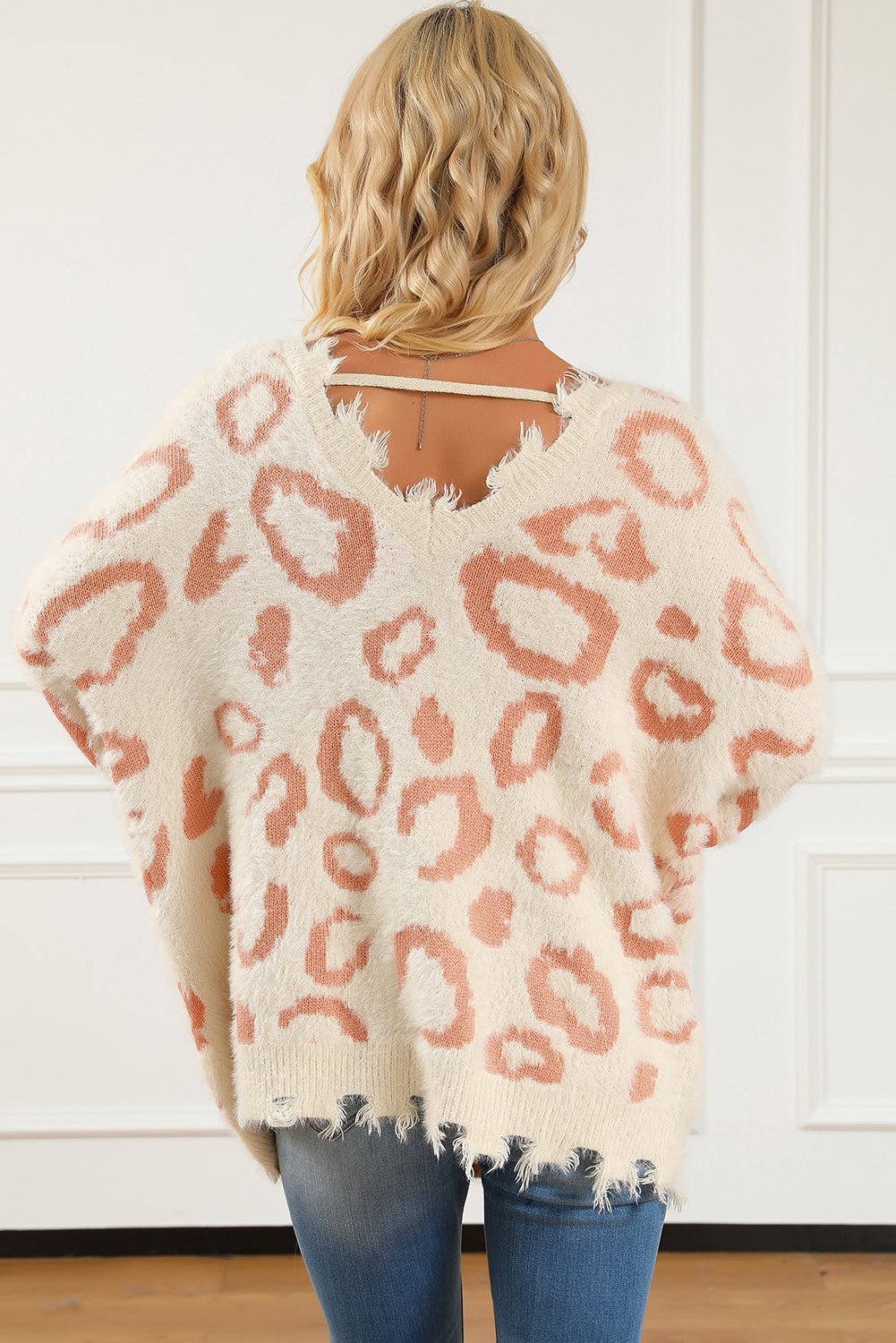 Leopard V-Neck Dropped Shoulder Sweater