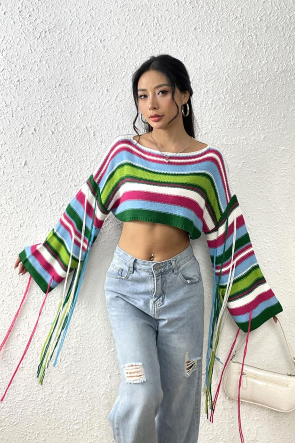 Fringe Striped Round Neck Knit Top