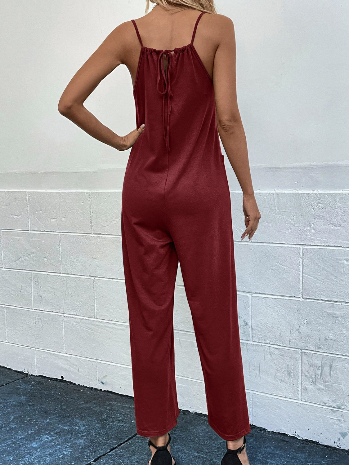 Pocketed Spaghetti Strap Wide Leg Jumpsuit