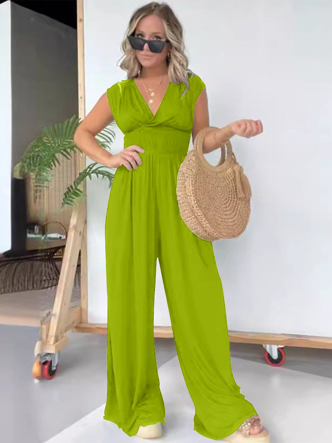 Smocked Cap Sleeve Wide Leg Jumpsuit