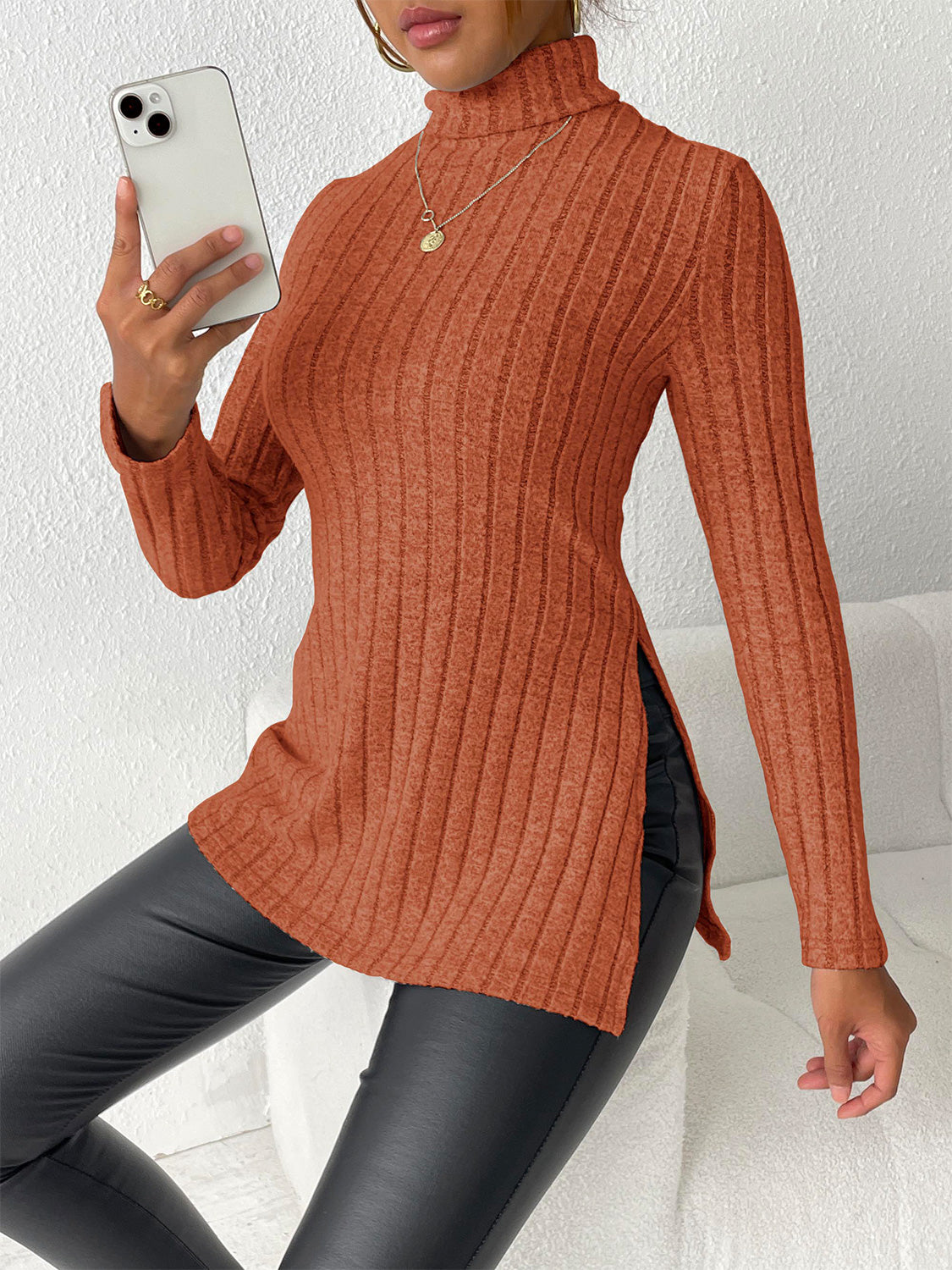 Ribbed Turtleneck Long Sleeve Slit T-Shirt