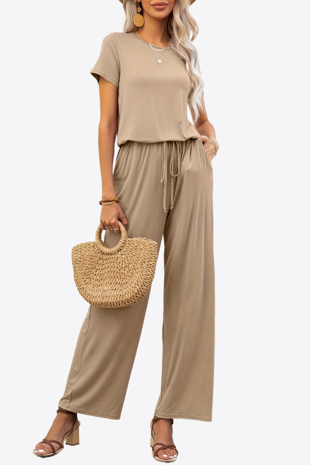 Round Neck Short Sleeve Jumpsuit with Pockets