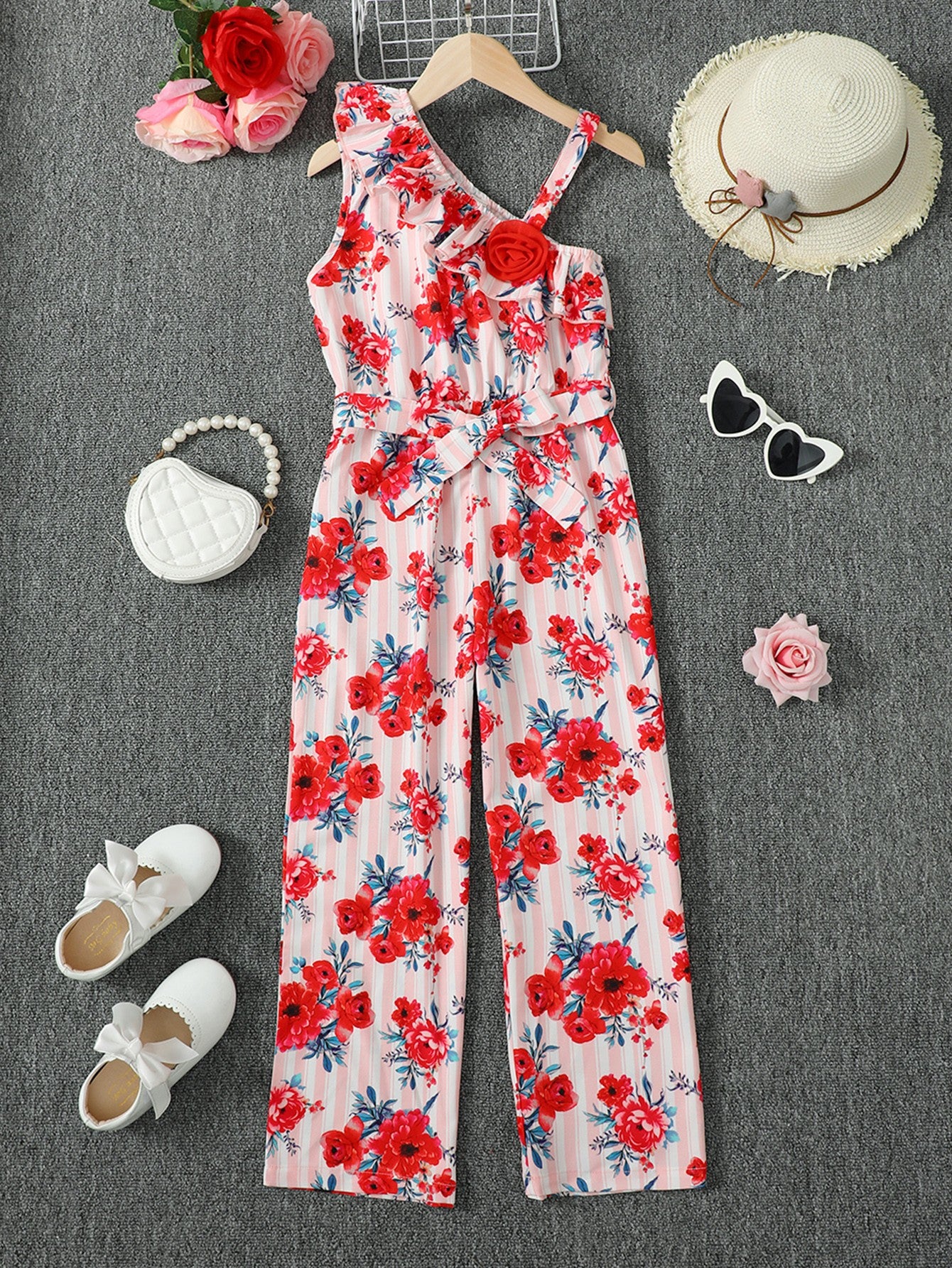 Floral Asymmetrical Neck Tie Belt Jumpsuit