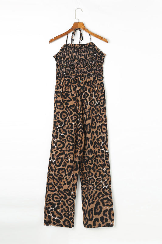 Leopard Smocked Halter Neck Jumpsuit