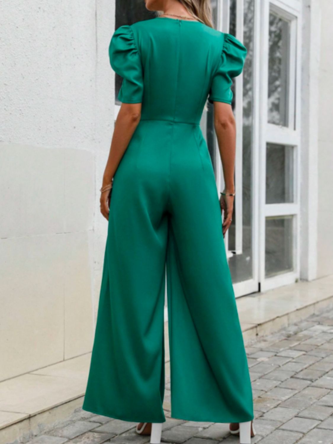 V-Neck Short Sleeve Wide Leg Jumpsuit