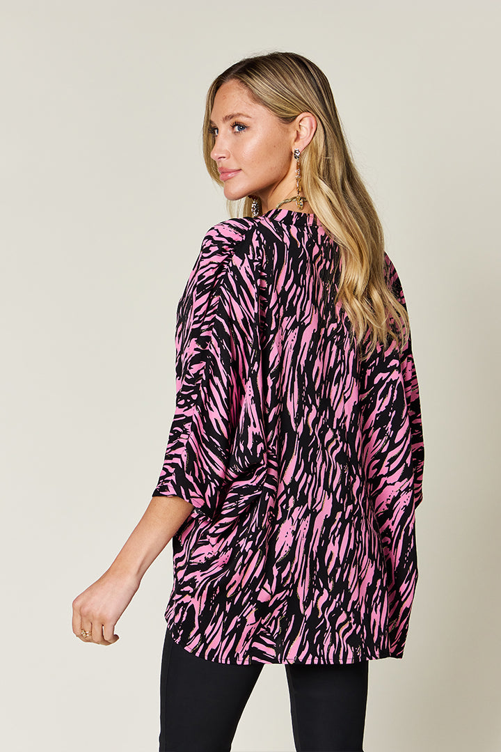 Double Take Full Size Printed Notched Three-Quarter Sleeve Blouse