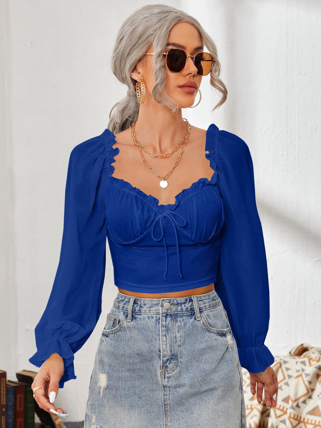 Mesh Sweetheart Neck Flounce Sleeve Top