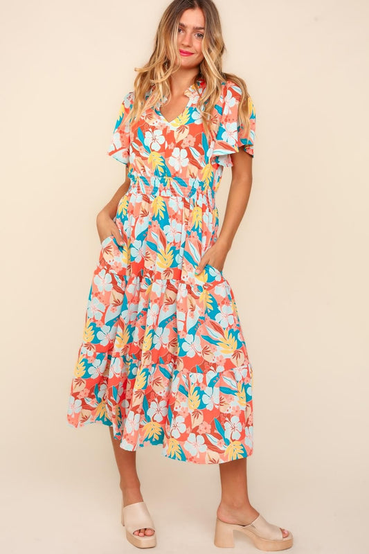 Haptics Full Size Tropical Floral Tiered Dress with Side Pockets