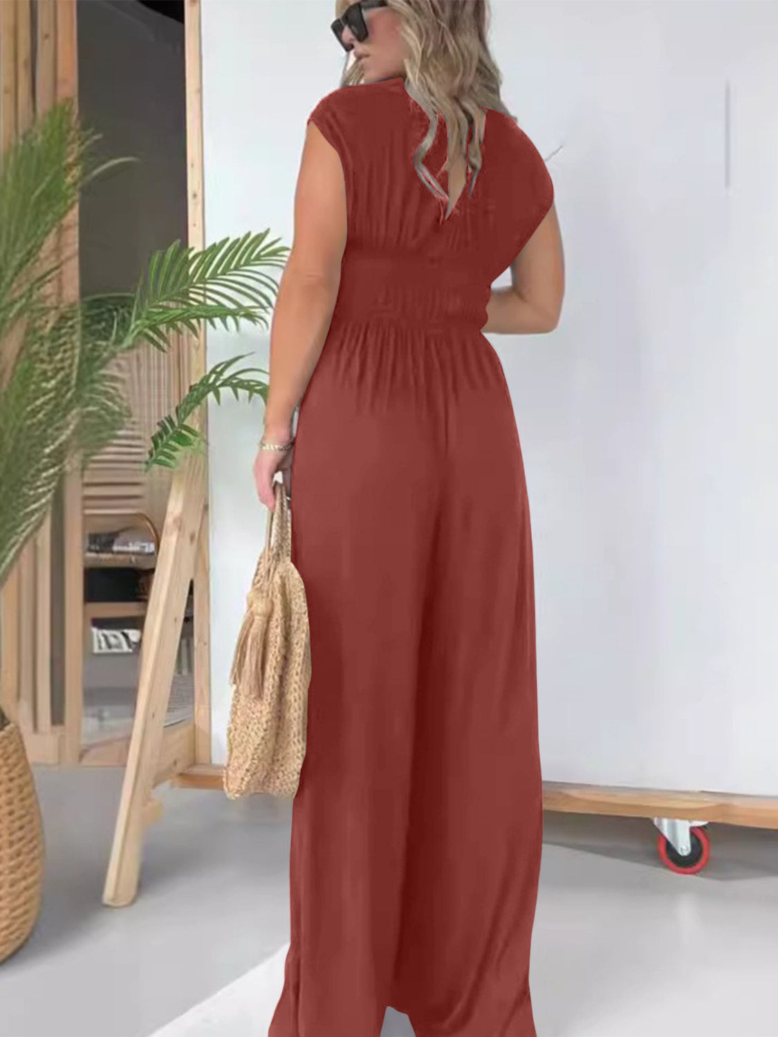 Smocked Cap Sleeve Wide Leg Jumpsuit