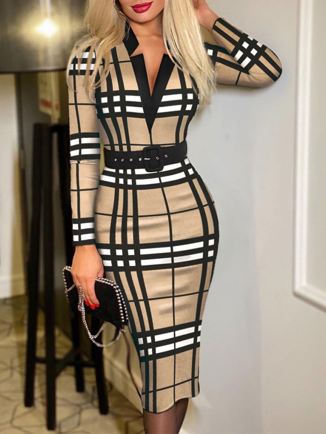 Printed Notched Long Sleeve Wrap Dress