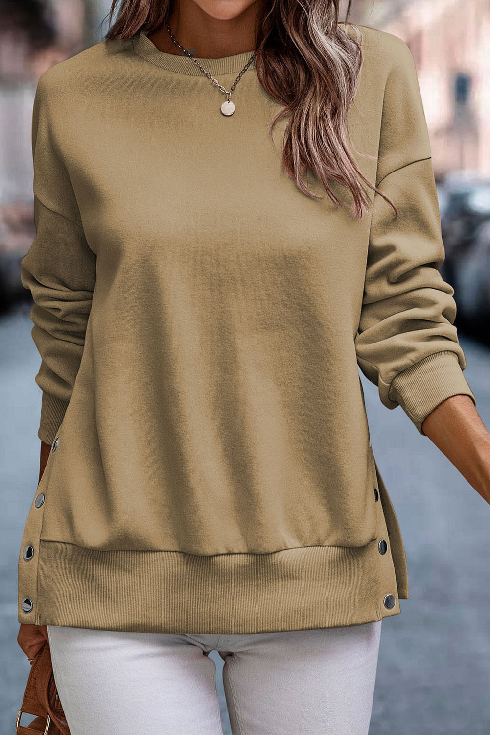 Snap Detail Round Neck Dropped Shoulder Sweatshirt