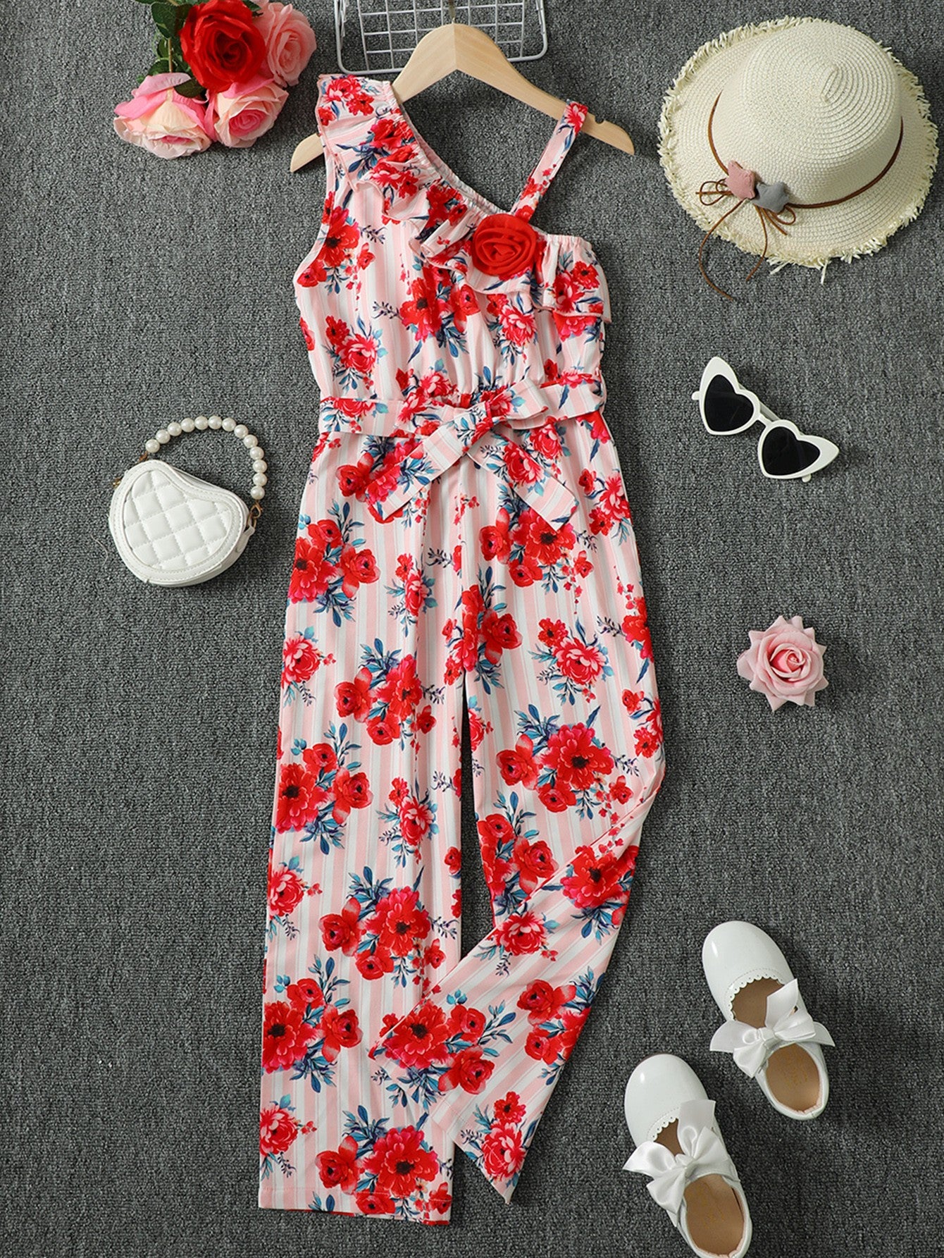 Floral Asymmetrical Neck Tie Belt Jumpsuit