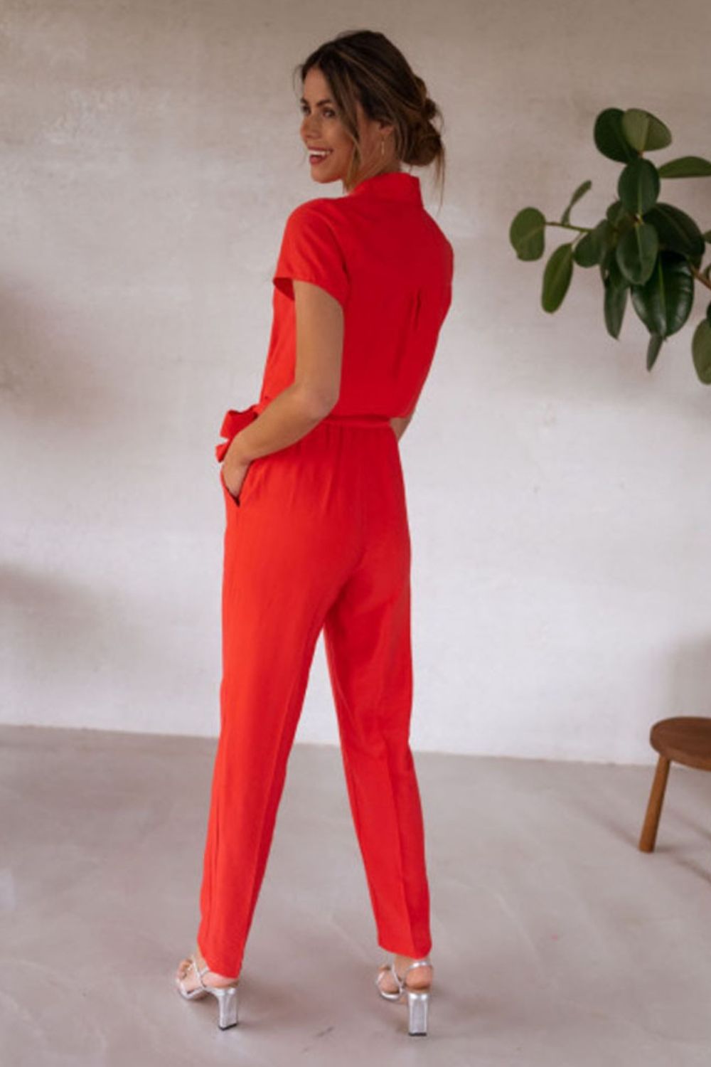 Tied Collared Neck Short Sleeve Jumpsuit