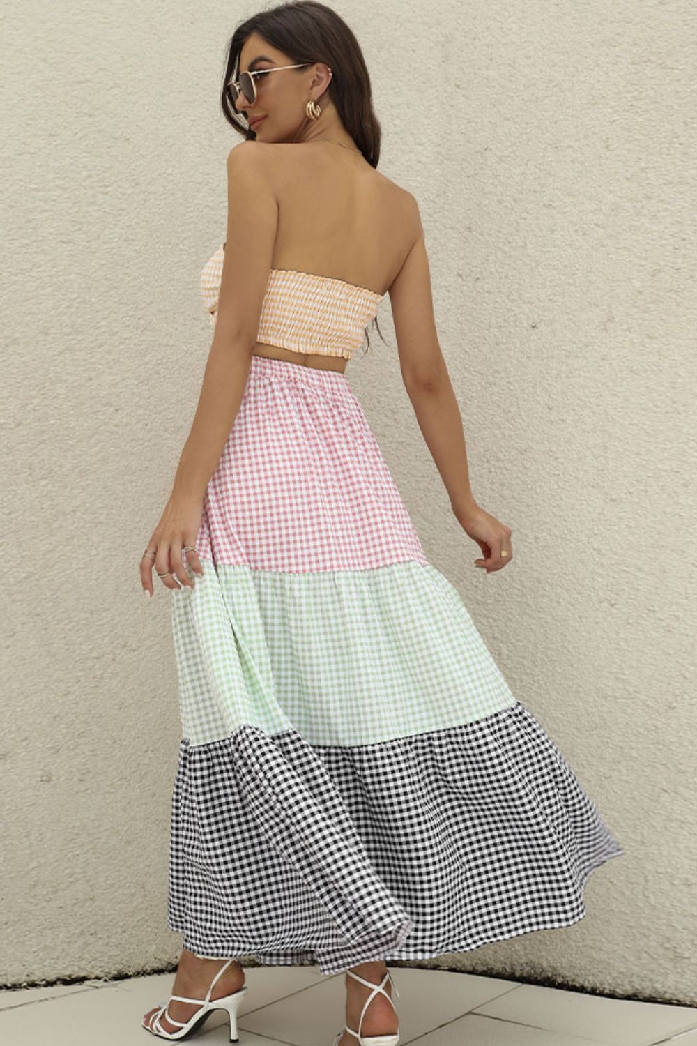 Plaid Strapless Top and Tiered Skirt Set