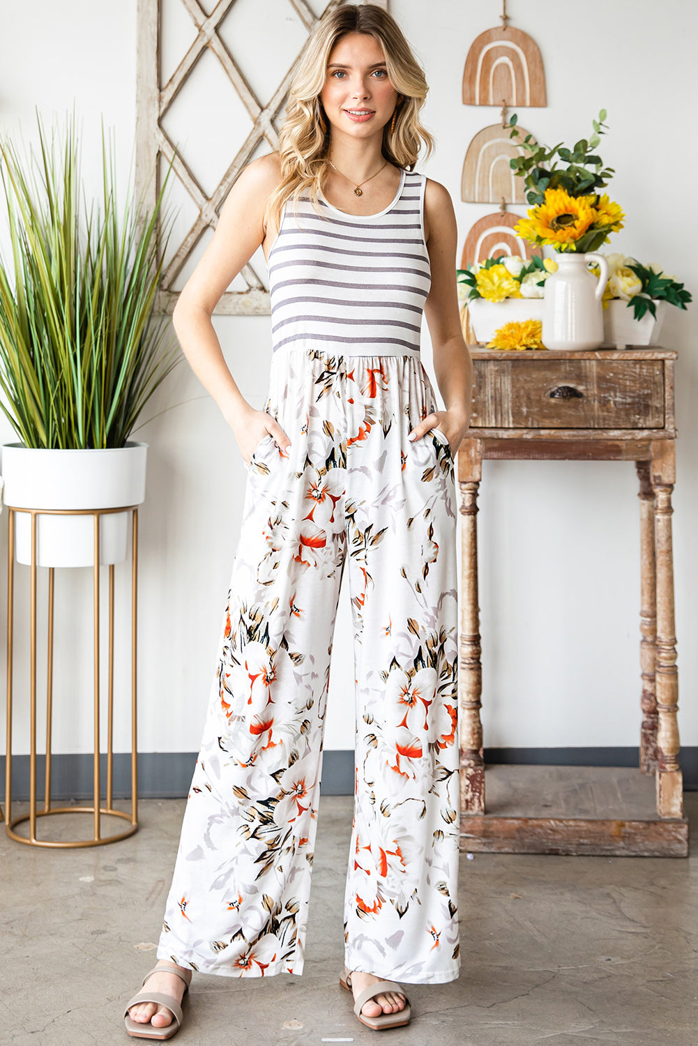 Striped Floral Sleeveless Wide Leg Jumpsuit with Pockets