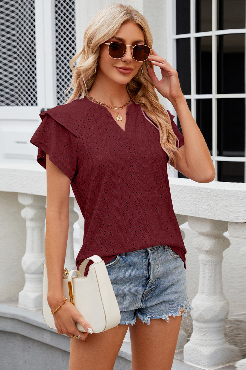 Eyelet Notched Short Sleeve T-Shirt