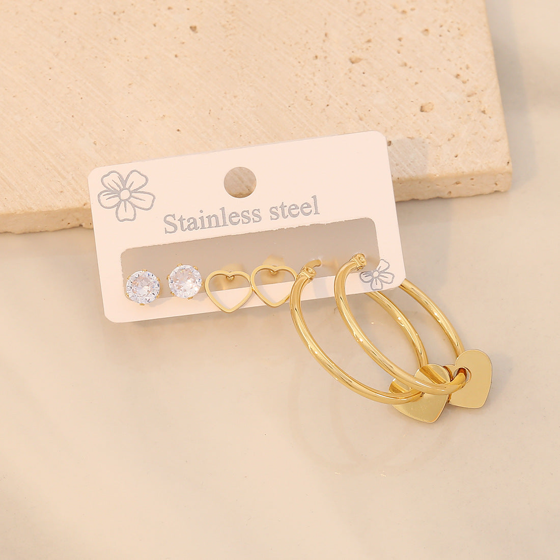 3 Piece Gold-Plated Stainless Steel Earrings