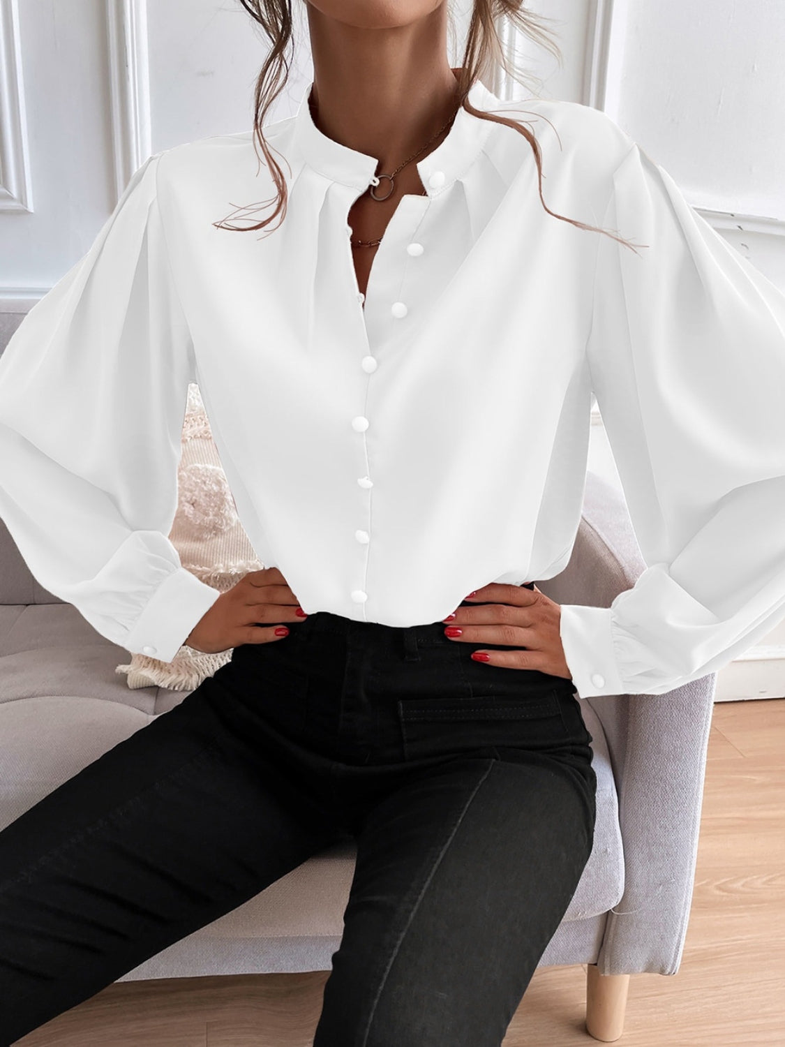 Mock Neck Button Front Shirt