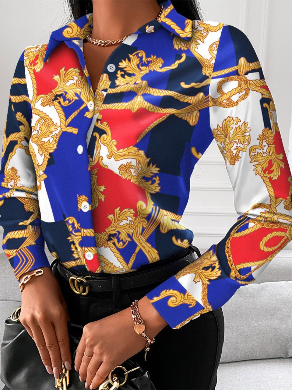 Printed Collared Neck Long Sleeve Shirt