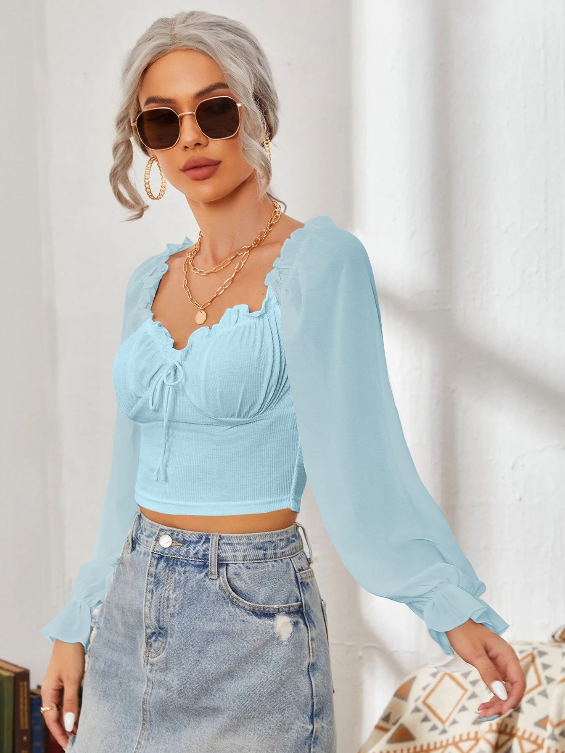 Mesh Sweetheart Neck Flounce Sleeve Top