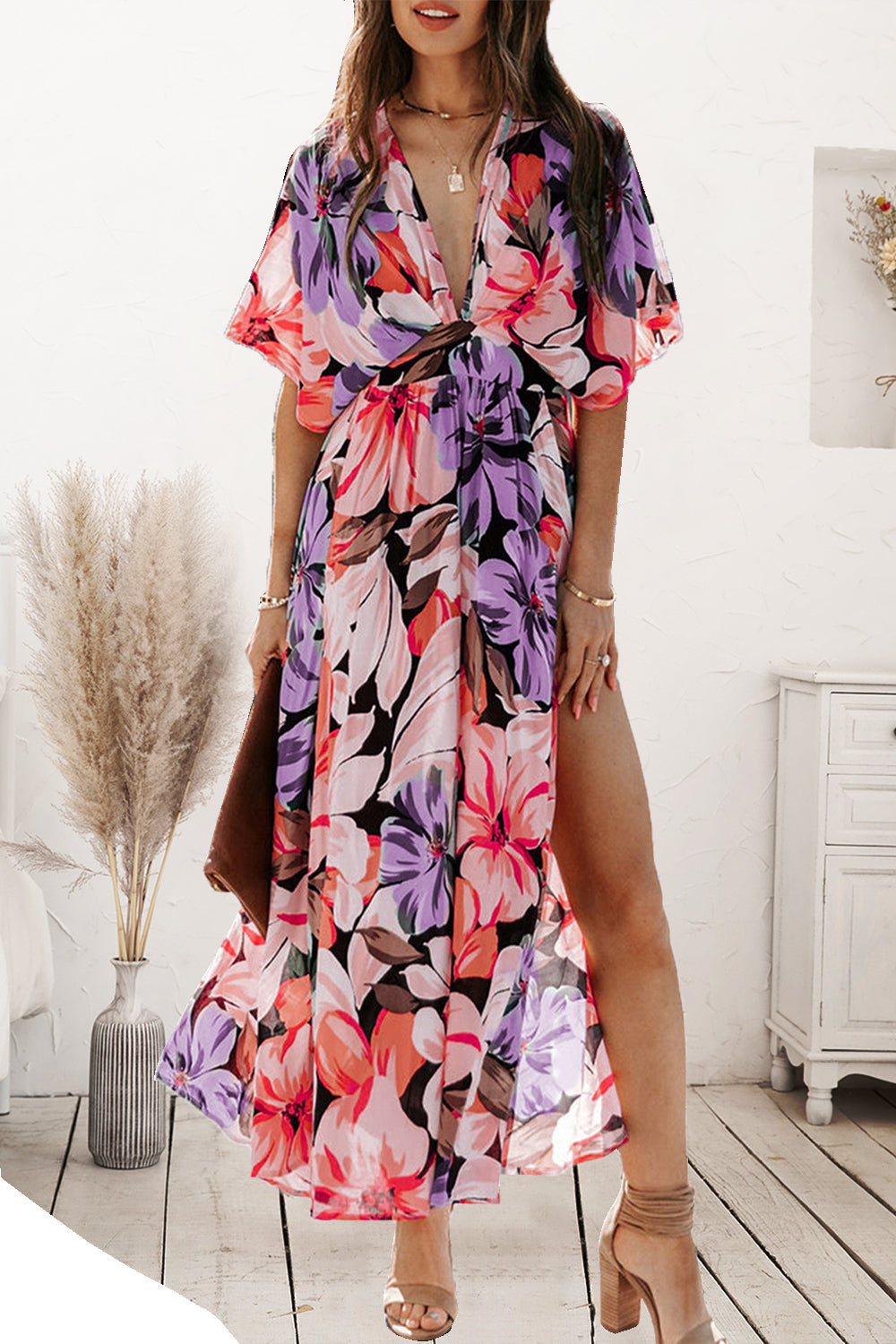 Plunge Printed Split Midi Dress