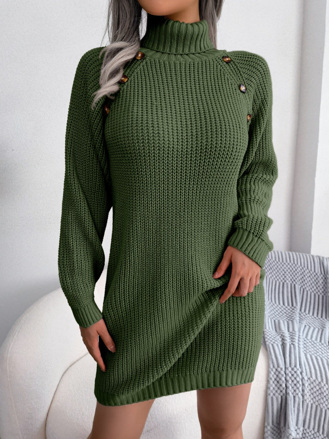 Decorative Button Turtleneck Sweater Dress