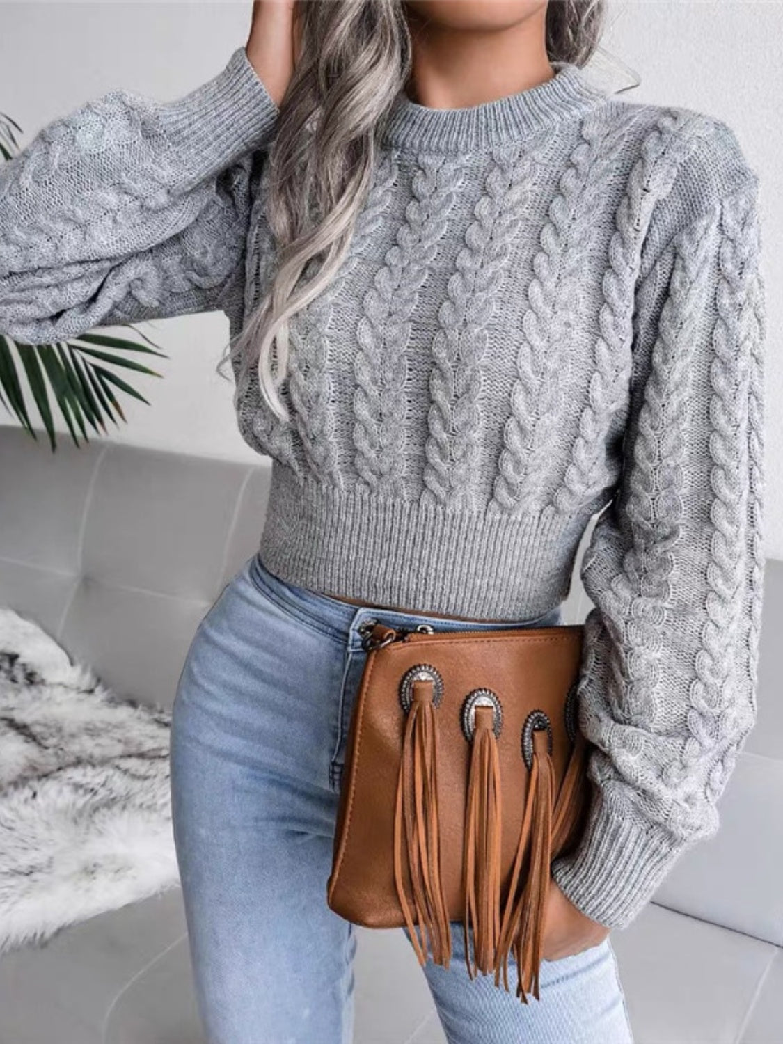 Cable-Knit Round Neck Cropped Sweater