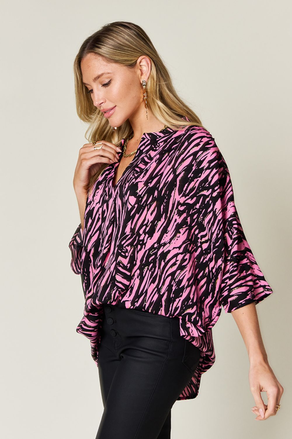 Double Take Full Size Printed Notched Three-Quarter Sleeve Blouse