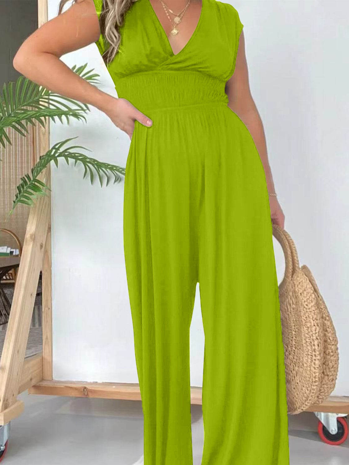 Smocked Cap Sleeve Wide Leg Jumpsuit