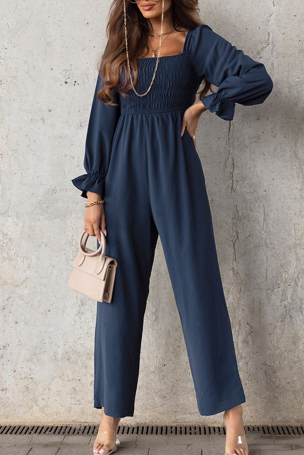 Smocked Long Flounce Sleeve Square Neck Jumpsuit