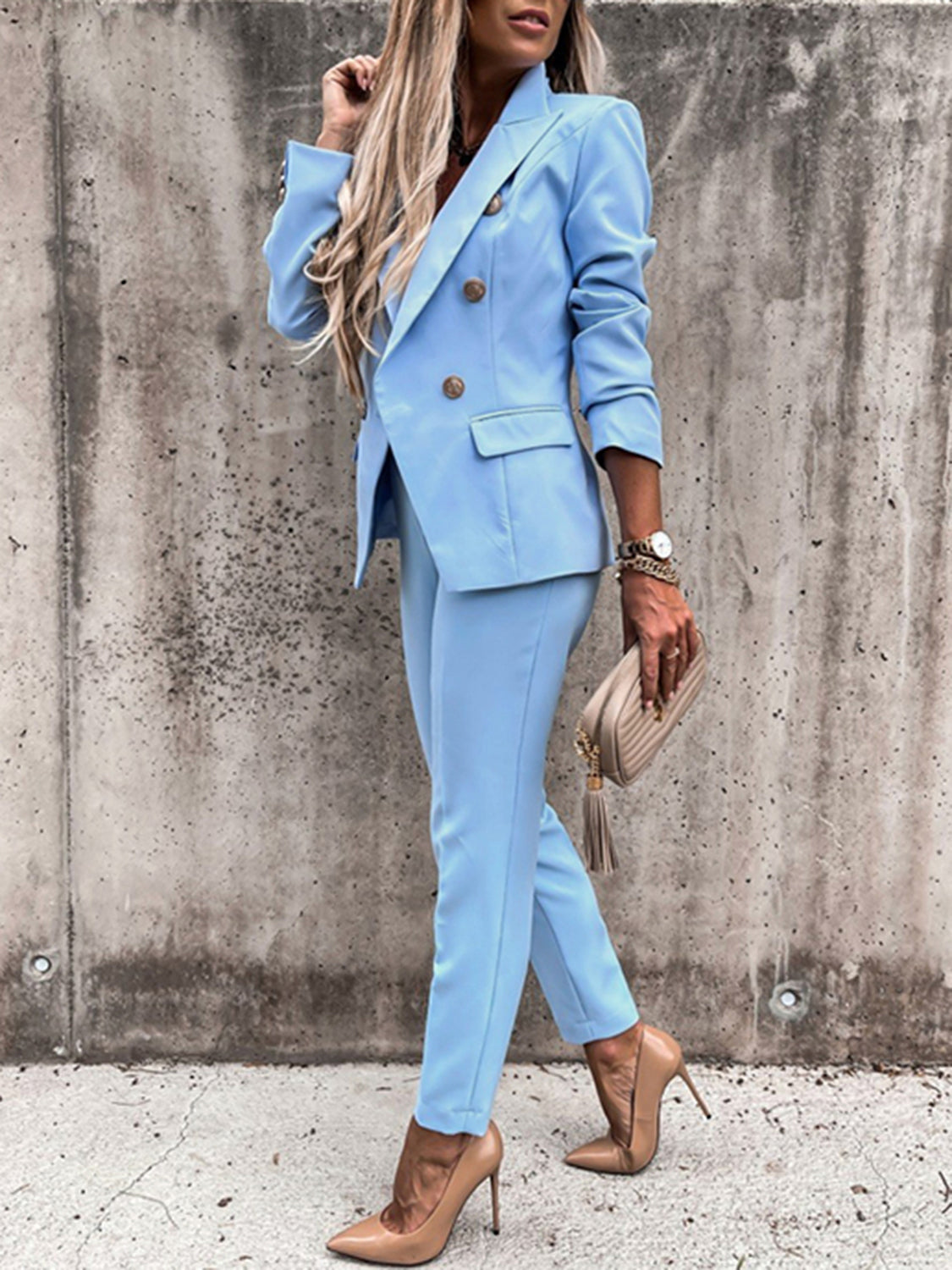 Lapel Collar Long Sleeve Blazer and Pants Set