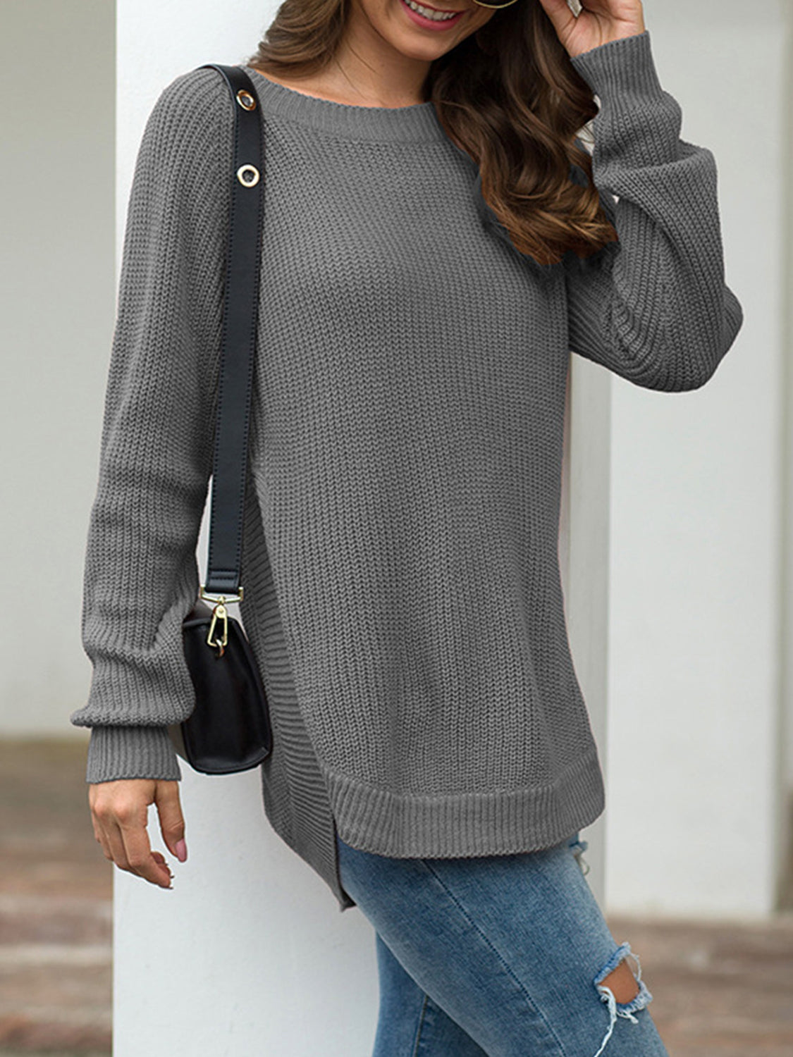 Slit Round Neck Long Sleeve Sweater