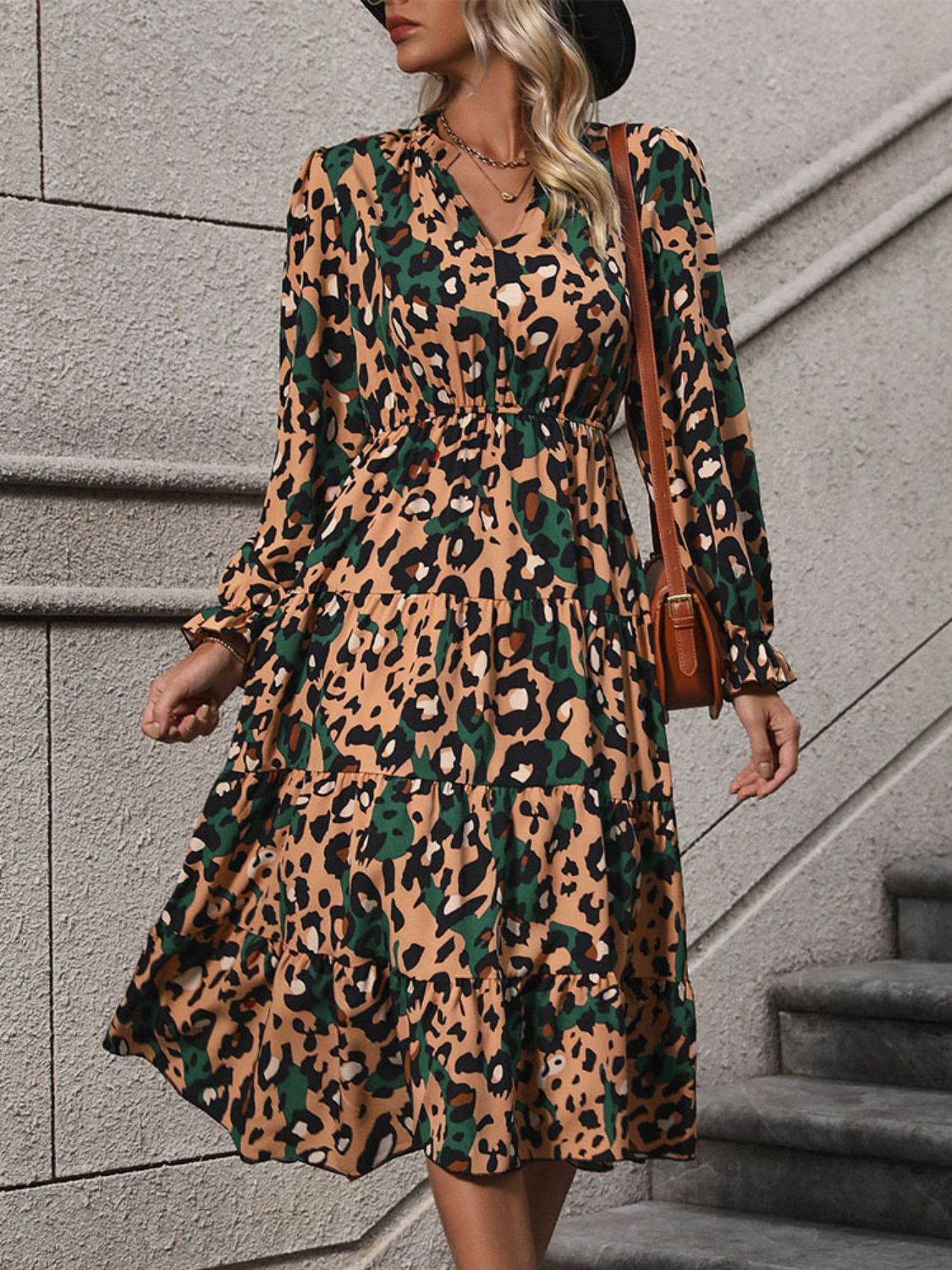 Leopard Notched Flounce Sleeve Midi Dress