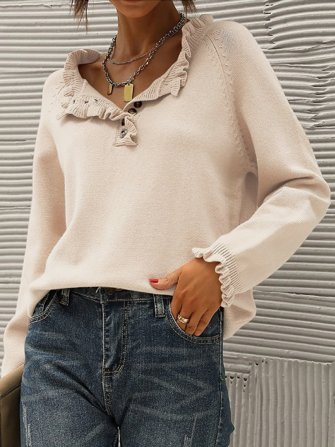 Ruffled Quarter-Button Sweater