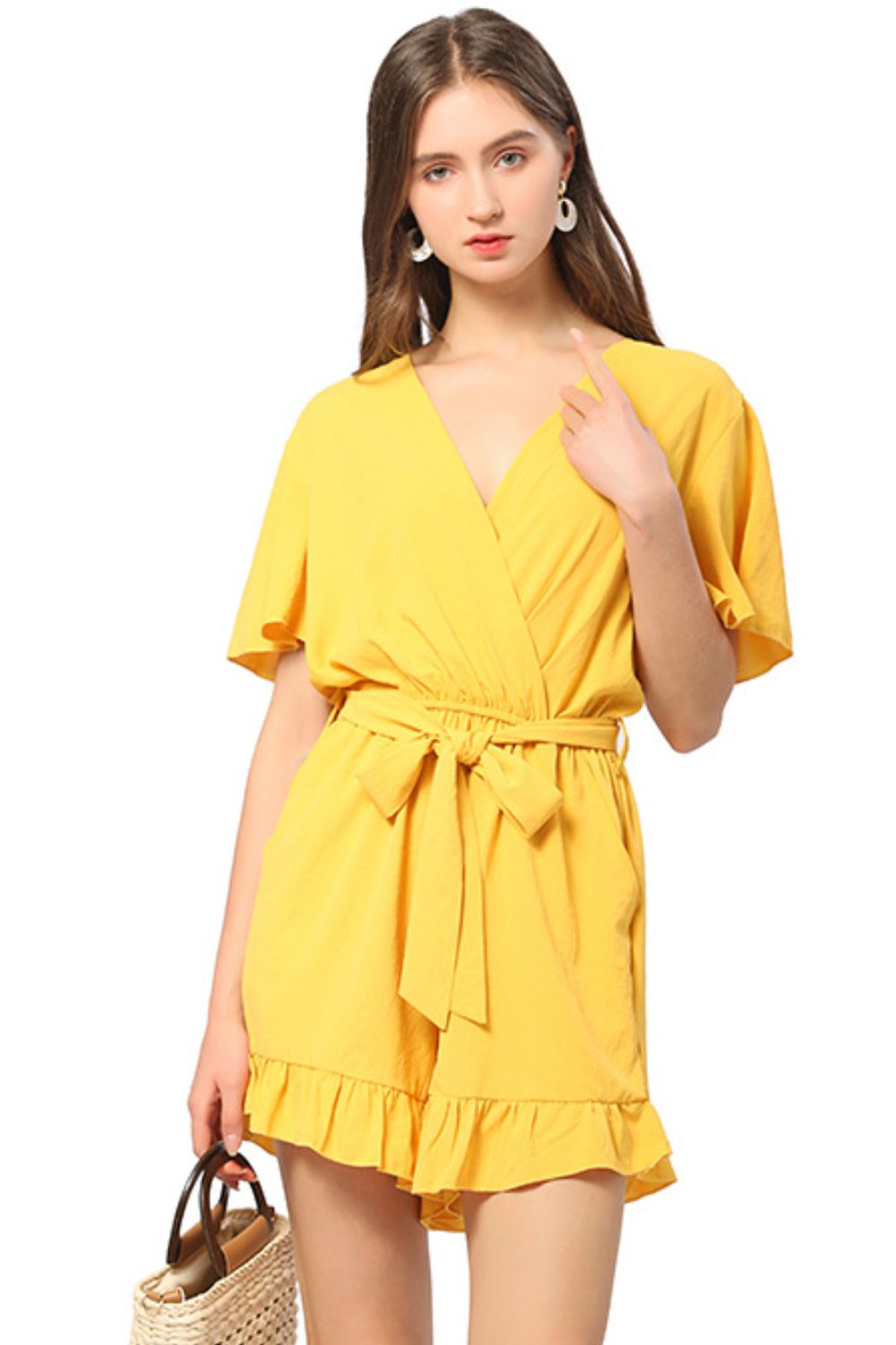 Ruffle Trim Belted Surplice Flutter Sleeve Romper