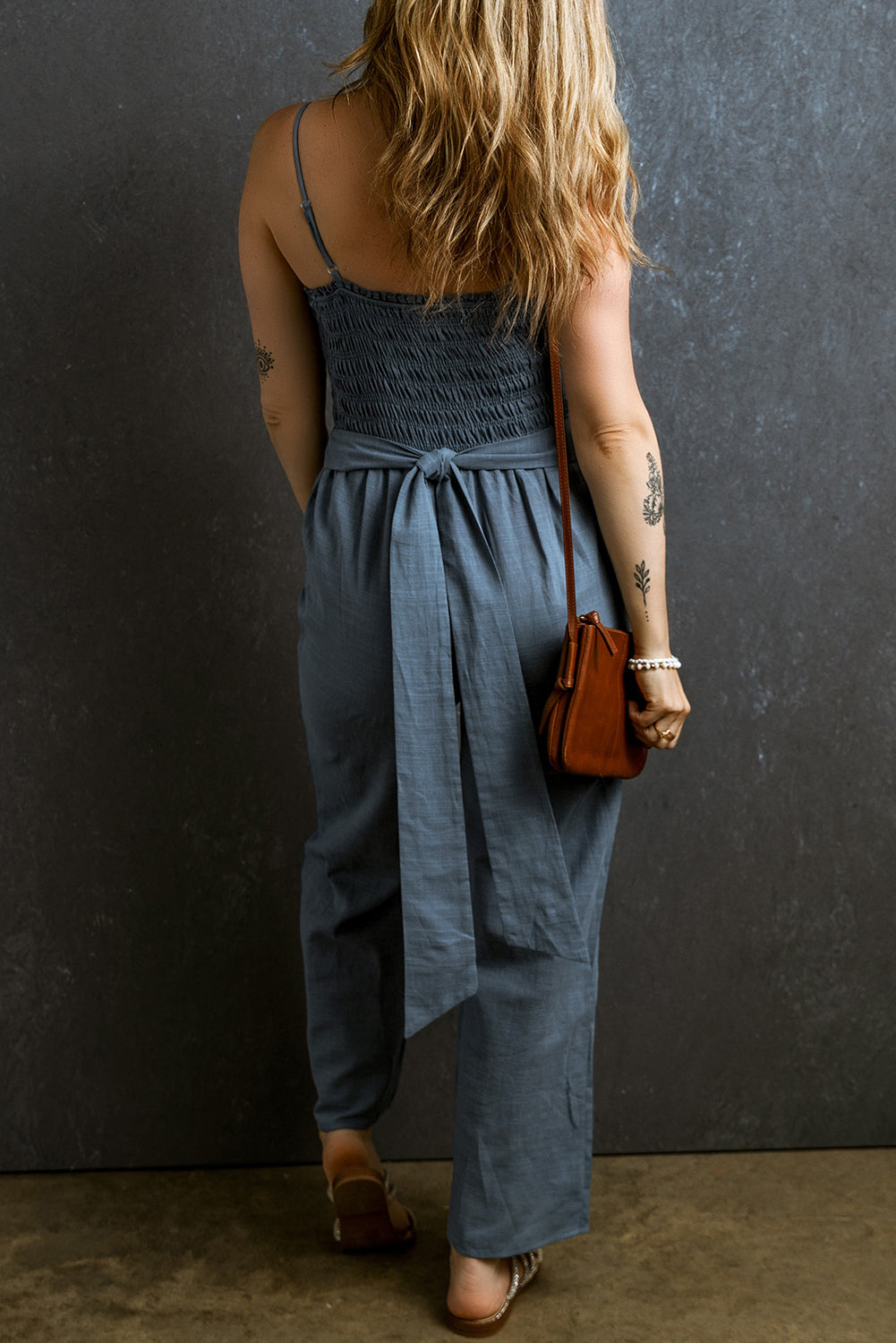 Tied Smocked Wide Leg Jumpsuit