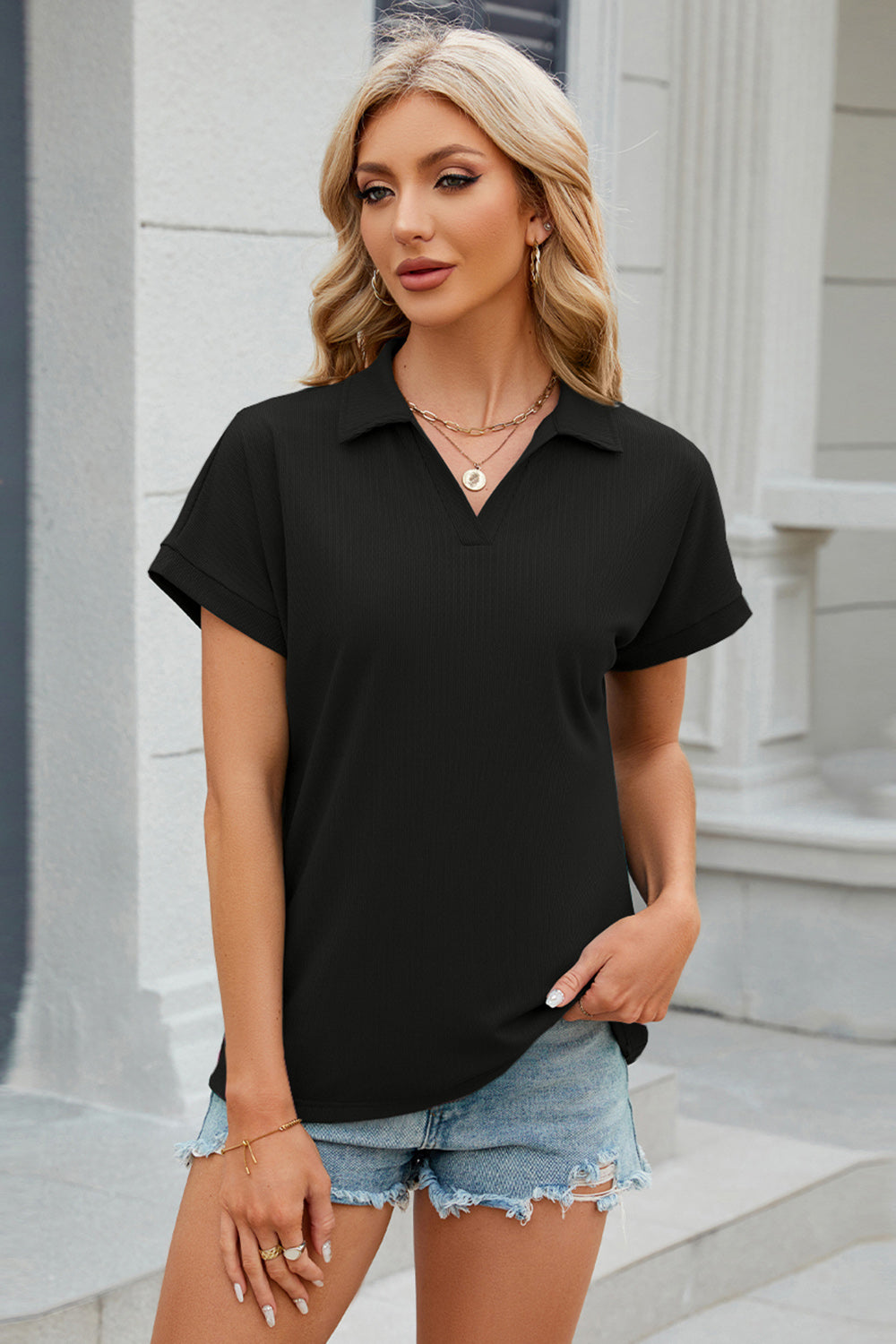 Johnny Collar Short Sleeve Blouse