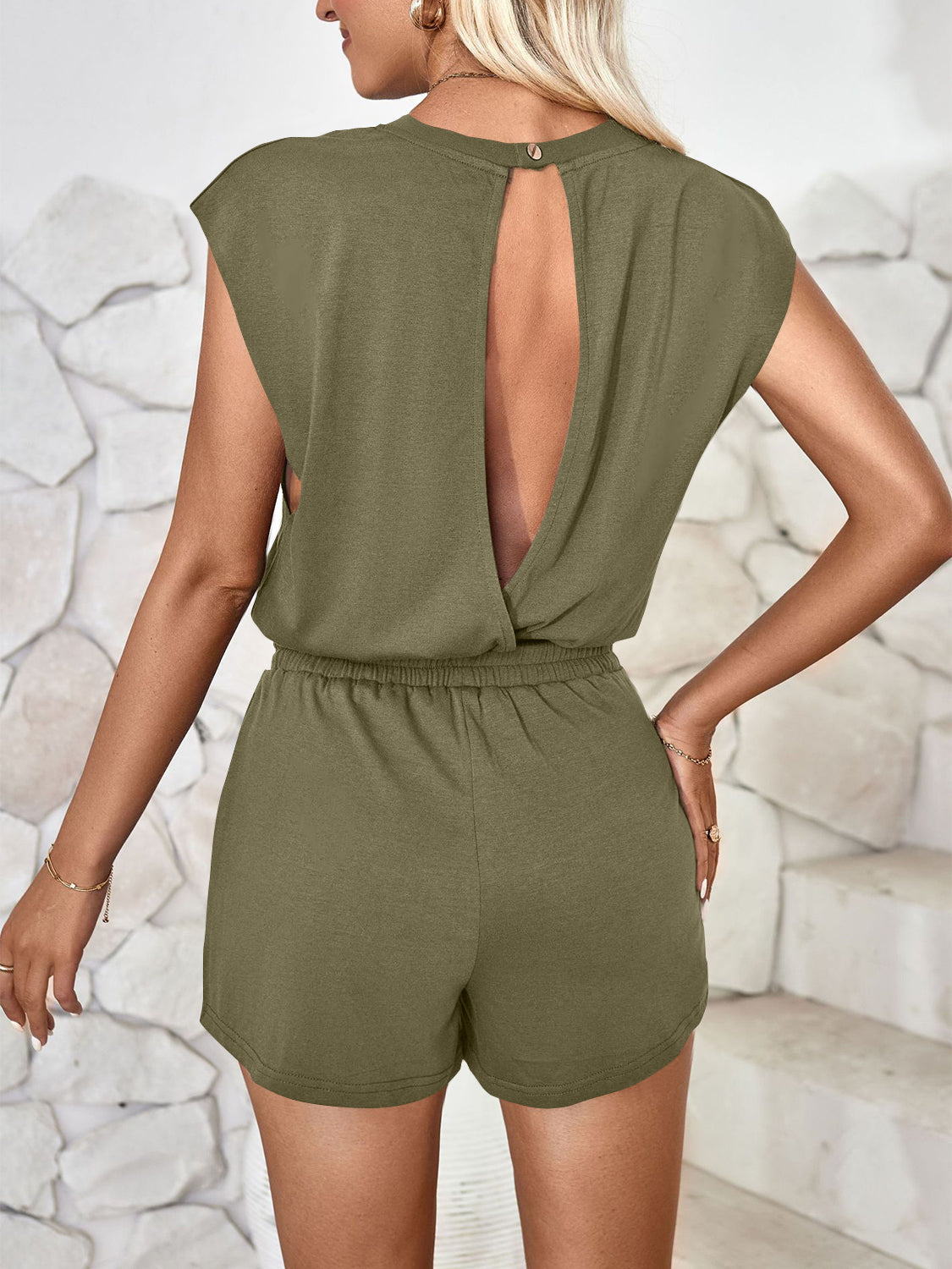 Cutout Round Neck Cap Sleeve Romper