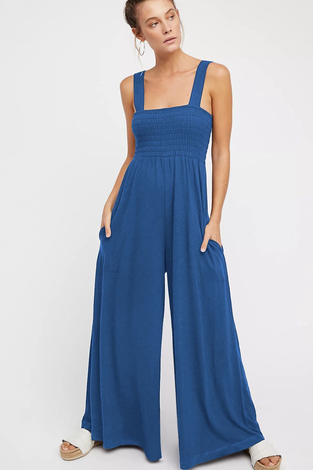 Smocked Square Neck Wide Leg Jumpsuit with Pockets