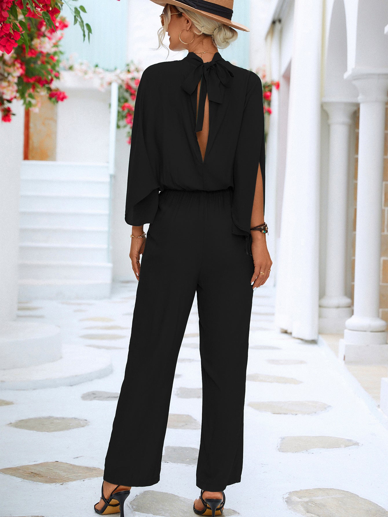 Tie Back Mock Neck Split Sleeve Jumpsuit