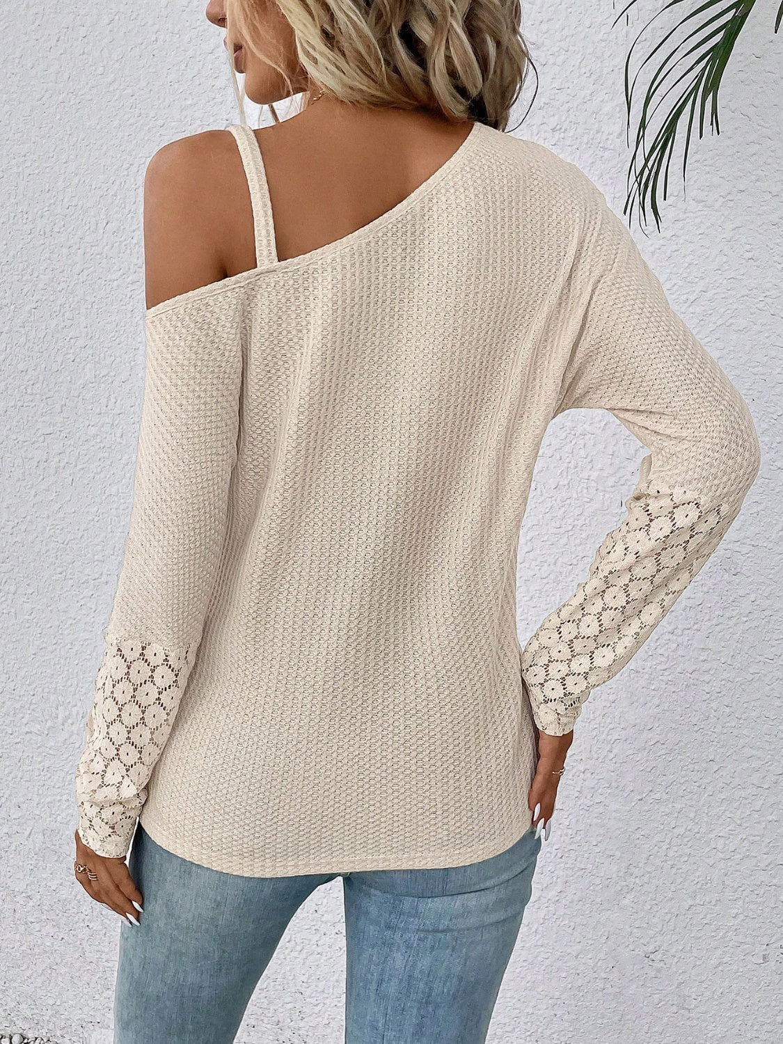 Lace Detail Asymmetrical Neck Long Sleeve T-Shirt