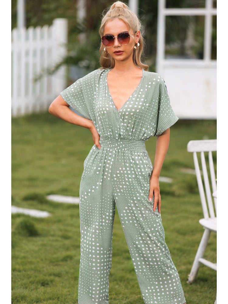 Polka Dot Surplice Neck Jumpsuit with Pockets