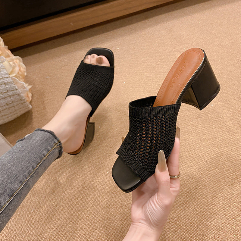 Block Heel Knit Sandals