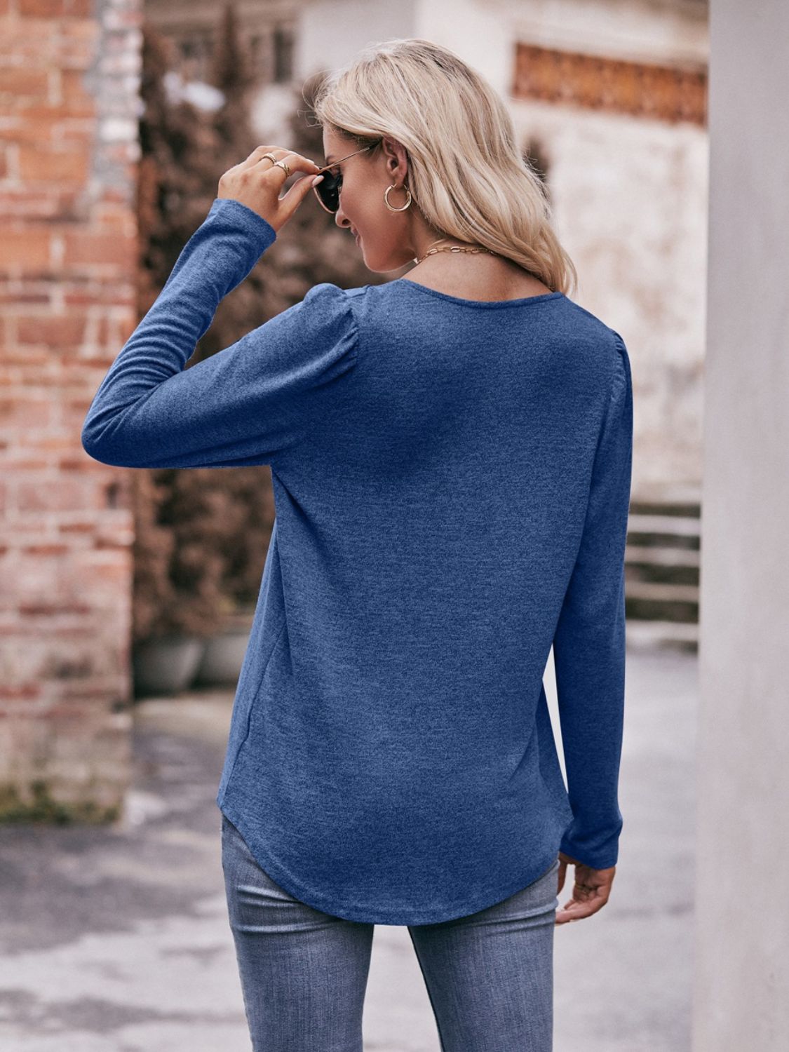 Double Take Pleated Detail Curved Hem Long Sleeve Top